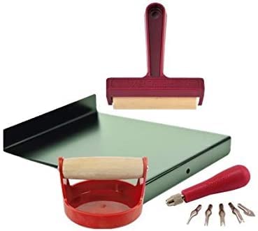 Speedball Block Printing Tool Set (4-Piece) - Includes Linocut Carving Tool, Roller Brayer, Printmaking Baren, and Bench Hook - Made in USA