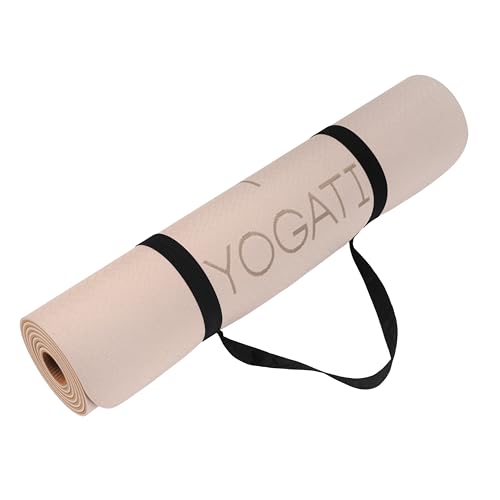 YOGATI® 정렬 라인이 있는 스트랩이 달린 요가 매트. 여성, 남성 및 아동용 홈 운동 매트. 필라테스와 피트니스를 위한 두꺼운 미끄럼 방지 요가 매트. 브라운, 핑크 및 퍼플 요가 매트 - color: 브라운.