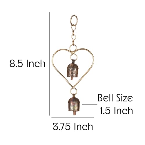 Rustic Metal Heart Bell Wind Chime – Heart-Shaped Decorative Bell with Antique Brass Finish – Hanging Indoor Outdoor Farmhouse Decor – Valentine's Gift or Garden Accent 8.5 x 3.75 Inch - color: Twin Heart