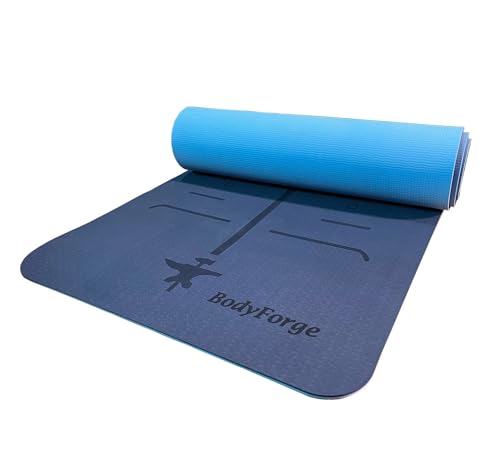 BodyForge Yoga Mat Thick Exercise Mat Thick 8mm TPE Eco-Friendly with Alignment Marks Non-Slip Extra Thick High-Density for Women and Men Workout Pilates - color: Blue