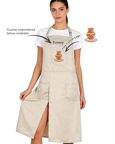 Pottery Split-Leg Make Ceramic Apron, Long Split-Leg Artist Painting Apron with 3 Pockets for Men and Women - color: Khaki Customized Logo