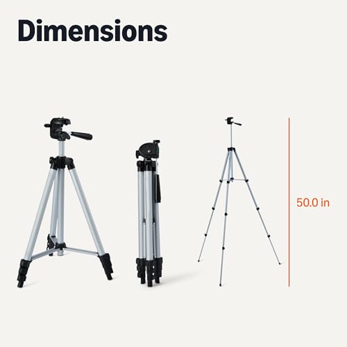 Amazon Basics 50" Lightweight Tripod for Camera and Phone with Travel Bag, Remote Control, Height Adjustable, 360-Degree Rotation, Aluminum, Silver - size: 50-in, style: Tripod with Remote & Phone Holder