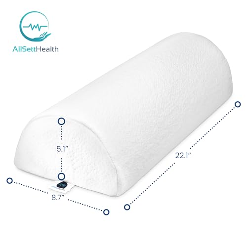 AllSett Health Half Moon Bolster Pillow for Legs, Back and Head (2 Pack) Semi Roll for Ankle and Foot Comfort with White Cotton Machine Washable Cover | Premium Memory Foam | 2 Pillow System - style: Knee Half Moon White (2 Pack)