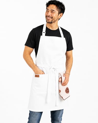 100% Cotton Kitchen Apron with 2 Pockets – Adjustable Chef Apron for Cooking Baking BBQ – Unisex Apron - color: White