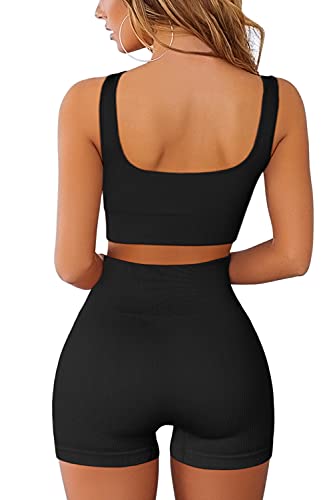 QINSEN Workout Sets for Women 2 Piece Seamless Ribbed Crop Tank High Waist Shorts Yoga Outfits - color: Black, size: Large