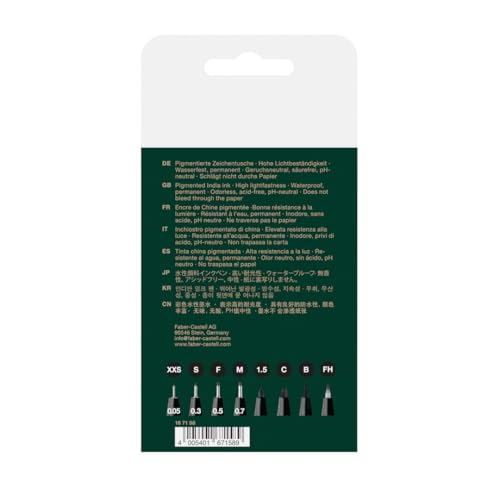 Faber-Castell PITT Artist Pen India Ink Pen - wallet of 8 - colour 199 black - XXS, S, F, M, B, C, 1.5, Fude Hard, (167158) - size: 8 Count (Pack of 1)