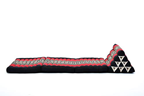 Leewadee - Comfortable Japanese Floor Mattress - Thai Floor Bed with Triangle Cushion - Futon Mattress - Thai Massage Mat, 67 x 21 inches, Black Red, Kapok Filling | Floor & lounge cushion for relaxing, reading & TV - for meditation & yoga, firm & stable