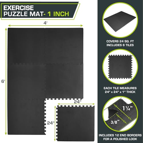 ProsourceFit Weaved Pattern Extra Thick Exercise Puzzle Mat 1-inch, EVA Foam Interlocking Tiles for Protective, Cushioned Flooring for Home and Gym Equipment; Black, 24 SQ FT, 6 Tiles - color: Black, size: 6 Pack (24 SQ FT)