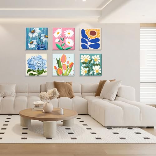 Bowetile 6 Pack Framed Paint by Numbers Kit for Adults Beginner, Flowers Adults' Paint-by-Number Kits on Canvas, Easy Acrylic Number Painting Kits Home Decor Gifts, 8x8in - color: 8x8in-6-Flowers-01