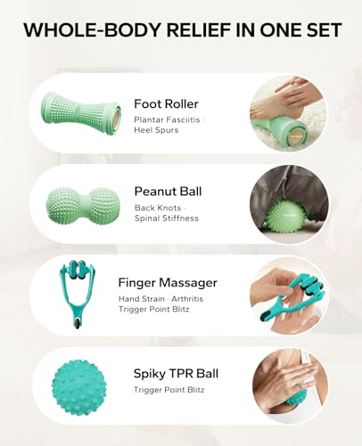 HAPBEAR Massage Ball Set 4 PC, Plantar Fasciitis Relief, with Storage Bag | Foot Roller, Peanut Ball, Spiky Release Balls, Finger Massager, Deep Tissue & Fascia Release Kit for Muscle Soreness Tension