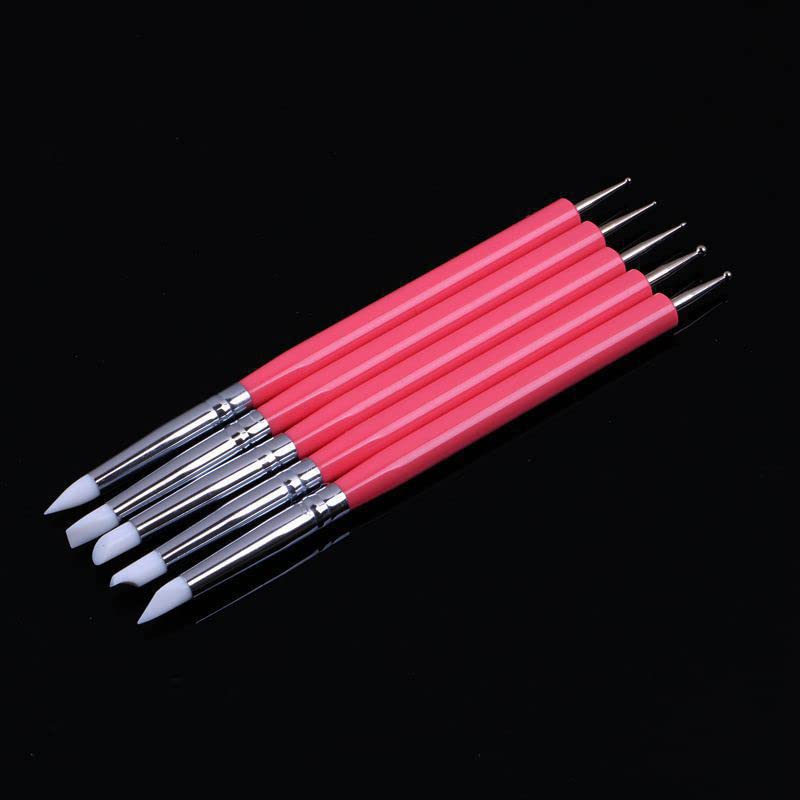 4PCS Double-Ended Metal Ceramic Clay Ball Stylus Dotting Tools and 5PCS 2 Way Silicone Polymer and Embossing Paper Flower Indentation Tool for Drawing - color: pink