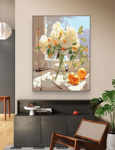 ZRIZQ Paint by Numbers Kit for Adults Beginner,White Flowers,16x20 | Full set with wooden brushes,rolled canvas,rich paints.Calming activity.Beginner friendly.Just open and paint. - color: 16"X20"Rolled Canvas(Frameless)-Flowers 10