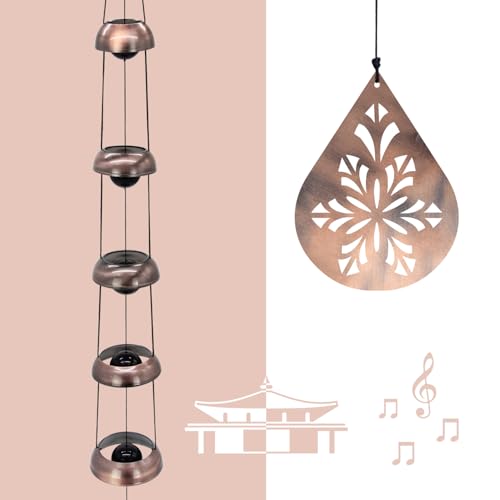 Copper Temple Wind Chimes with 5 Bells, Feng Shui Wind Bells for Outside - size: Floral Teardrop