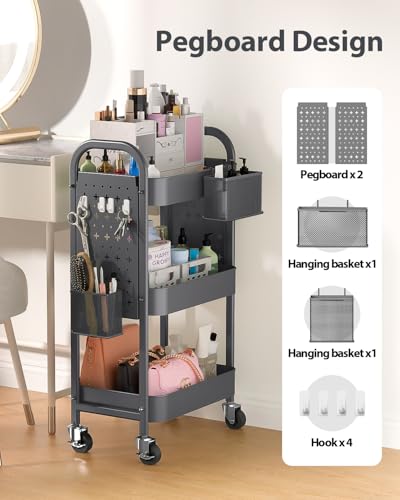 ALVOROG 3 Tier Metal Rolling Utility Cart with Pegboards,Baskets,Hooks,Gray | More Storage Craft Cart with Pegboards,Lockable Wheels,Hooks & Baskets to Organize Kitchen,Office,Bedroom and DIY Supplies - color: Grey