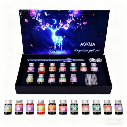 Glass Dip Calligraphy Pen Set, 14-Pieces 12 Color Inks, Pen Holder, Cleaning Cup, 1Crystal Glass Pens for Art, Writing, Drawing, Signatures, Gift for Kids and Artist - color: Blue