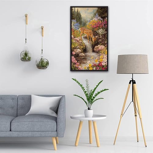 ARTGOTO Large Paint by Numbers for Adults Woodland Deer | 15.7x27.5inch/40x70cm Paint by Number Kit on Canvas, Forest Waterfall Wildlife Acrylic Painting Set with Brushes, No Frame - color: PBN065