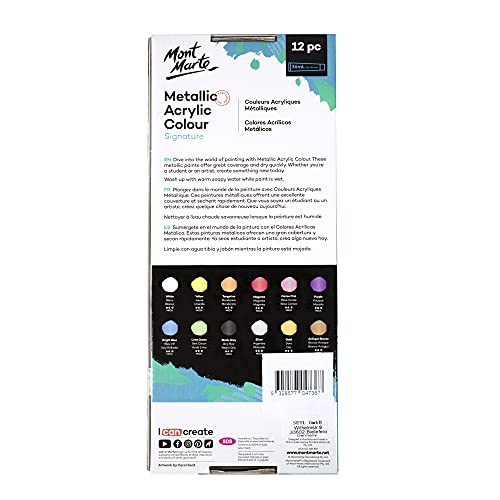 Mont Marte Premium Metallic Acrylic Paint Set, 12 x 1.02oz (36ml) Tubes, 12 Colors, Suitable for Most Surfaces Including Canvas, Card, Paper and Wood - size: 14.4 Fl Oz (Pack of 1)