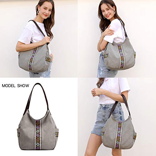 Worldlyda Women Canvas Hobo Purse Multi Pocket Tote Shopper Shoulder Bag Casual Top Handle handbag with Embroidery Ethnic - color: Light Grey