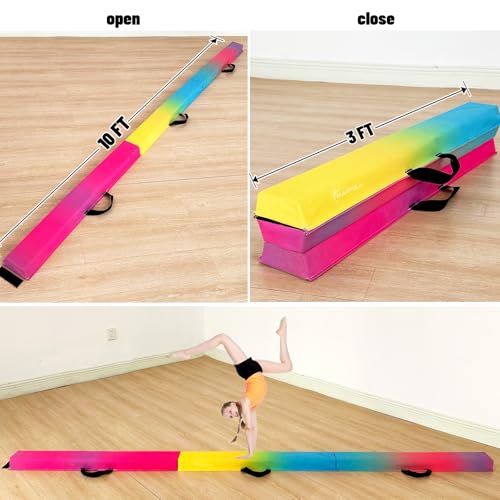 Marfula 6 FT / 8 FT / 9 FT Folding Gymnastics Beam Foam Balance Floor Beam - color: Gradual Rainbow, size: 10 Ft