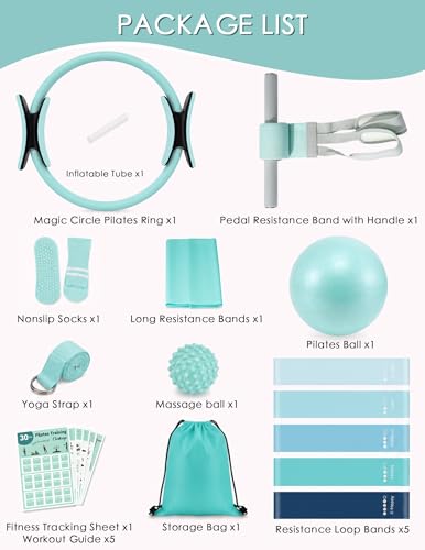 At Home Pilates Kit for Women, Home Workout Pilates Equipment Set with Pilates Ring, Ball, Pedal Resistance Band, Resistance Bands, Yoga Strap, Bag, Pilates Essentials Kit for Starter, Beginners