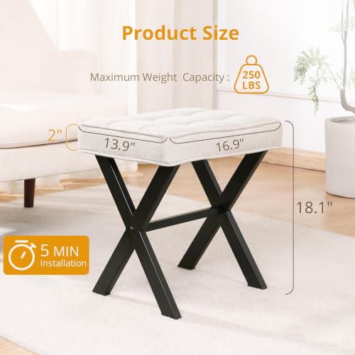 LUE BONA Ottoman Foot Stool Vanity Stool, Square Linen X-Leg Foot Rest Ottoman Makeup Stool, Small Stool Chair for Vanity, Modern Padded Vanity Seat for Makeup Room, Living Room, Bathroom, Linen Color - color: Linen Color-black Legs