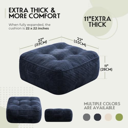 11In Washable Floor Pillow for Adults, Yoga & Meditation Cushion with Handle, Square Large Pillows Seating with Removable Tufted Corduroy Cover for Tatami Living Room Board Games (Blue) - color: Blue