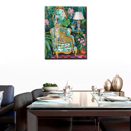 Cheetah Sitting on the Sofa Paint by Number Kit Beginner Leopards Painting Art Craft Jungle Animal Woodland on Canvas Suitable for Thicket Home Green Leaves Wall Decor 16''W x 20''H (No Framed) - color: Artwork-01, size: 16''x20''(Without Frame)