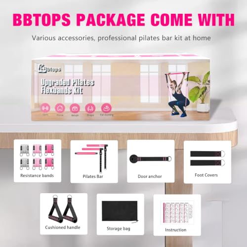 Bbtops Pilates Bar Kit with Resistance Bands,Pilates Bar with Stackable Bands Workout Equipment for Legs,Hip,Waist and Arm,Exercise Fitness Equipment for Women & Men Home Gym Yoga Pilates - color: Pink