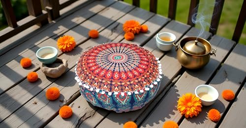 INDIAN CRAFT CASTLE ICC Mandala Barmeri Large Floor Pillow Cover Cushion Meditation Seating Ottoman Throw Cover Hippie Decorative Zipped Bohemian Pouf Ottoman Cases Multi Orange 16" Round - color: Multi Orange, size: 16"D x 16"W x 5"H