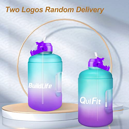 QuiFit 1 Gallon Water Bottle - with Straw & Motivational Time Marker Leak-Proof BPA Free Reusable Gym Sports Outdoor Large(128OZ/73OZ) Capacity Water Jug - color: QFA3 Green/Purple Gradient, size: 128 Ounces