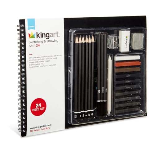 KINGART 24 Pc Sketching & Drawing Art Kit Combo w/Sketchbook, Graphite & Charcoal Pencils, Professional Supplies for All Skill Levels