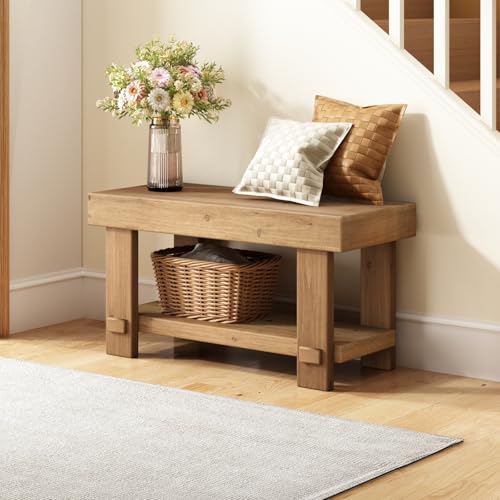 31.5" Solid Wood Bench, Small Farmhouse Narrow Storage Bench, Natural - size: 31.5"W