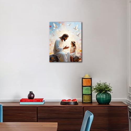 TUMOVO Paint by Numbers Kit for Adults, Adult Paint by Number - Heartwarming Jesus Telling a Story to Little Girl, Inspirational Religious Art, Framed Canvas, 16x20 Inch - color: Jesus(Framed)