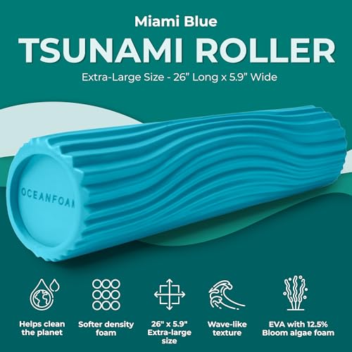 Oceanfoam Tsunami Roller (Miami Blue) - Extra-Large, 26" x 5.9" - Soft, Textured Foam Roller for Physical Therapy, Back Pain, Exercise & Stretching - Wave Textured - Yoga, Athletics, & Wellness - color: Miami Blue
