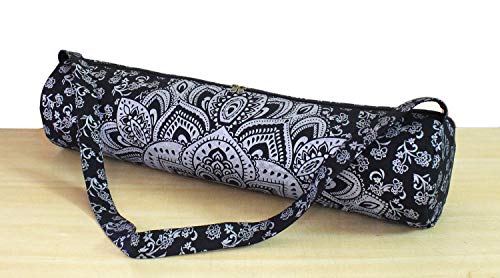 ICC Black Gold Mandala Full-Zip Exercise Yoga Mat Carry Bag Gym Beach Pilates Carrier Bags Hippie Mandala Indian Cotton Bag - style: Black Silver Flower