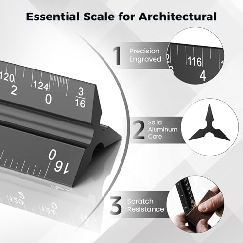Rena Chris Architectural Scale Ruler: 12" Imperial Aluminum Alloy Metal Architecture Measuring Tools, Engineering Drafting Construction Drawing Blueprints Triangular Architect Scaling Rulers 12 Inches - color: Black