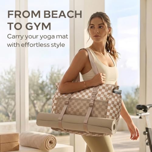 Omanmoli Beach Bag for Women Large Waterproof Sandproof Tote 40oz Holder | Anti-theft Lock & Chain,12 Pockets,2 Insulated Foil Pockets,Checkered,Cruise Travel Vacation Picnic Pool Work Gym,Checkered - color: Beige&honey