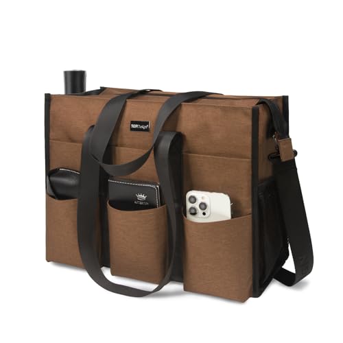 TOPDesign Utility Water Resistant Tote Bag with 22 Pockets, Top Zipper Closure & Thick Bottom Support, for Working Women - color: Brown, size: Medium