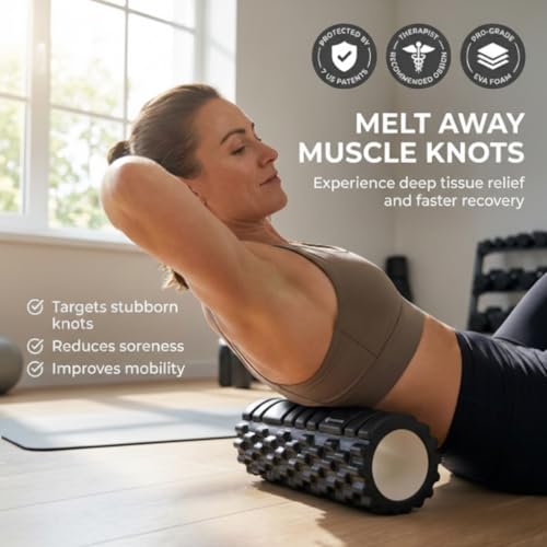 Foam Roller - Deep Tissue Medium Density Muscle Massager with Myofascial Trigger Point Release, Back Massage Roller for Soreness and Mobility 13 x 5.5 Inch, with eBook - color: Black