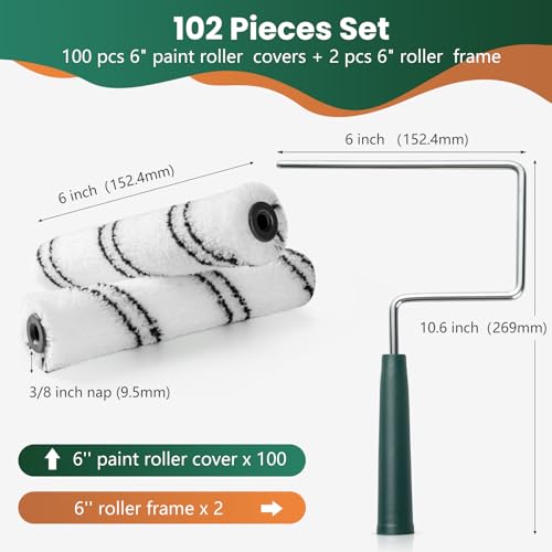 Paint Roller Covers, 100 Pack, 6 Inch, 3/8 Inch Nap | 6 Inch Microfiber Sleeves, 2 Anti-Rust Metal Frames Included, Ideal for Wall & Furniture Painting - size: 6 inch paint roller 100 pack