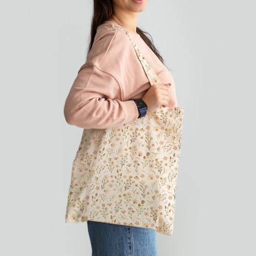 Kazova Floral Tote Bag for Women Canvas Cotton Book Bag Boho Wildflower Reusable Shoulder Tote with Inner Pocket for Students Class Daily Use 25x13.8 Inch - color: Boho a