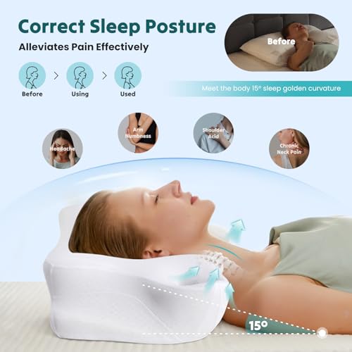 Sweetcrispy Cervical Neck Pillow for Neck Pain Relief, Ergonomic Contour Memory Foam Pillow for Side Back & Stomach Sleepers with Cooling Breathable Cover - color: White, size: Standard