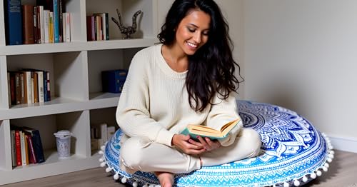 CRAFT KALA Round Mandala Boho Pillow Cover Meditation India Room Seating Poufs Cover for Living Room Yoga Room Home Décor Bedroom Balcony Garden Decoration Cotton Floor Cushion Cover (32", Blue Ombre) - color: Blue Ombre, size: 32"