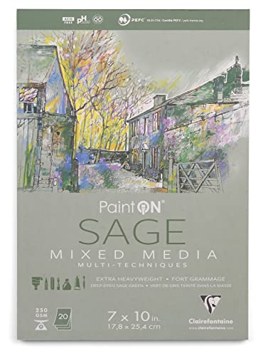 Clairefontaine - Ref 975381C - Paint'ON Mixed Media Sage Glued Pad (20 Detachable Sheets) - 17.8 x 25.4cm (7 x 10in), 250gsm Heavyweight Paper (USA Version) - color: Green Grey, size: 7 x 10 inches