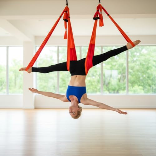 Aerial Trapeze Yoga Hammock Kit - Ultra Strong Antigravity Yoga Flying Sling Inversion Swing Tool Set - color: Mixed Red