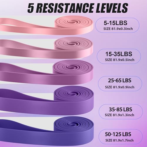 WHATAFIT Resistance Bands, 5 Level Pull Up Assistance Bands for Working Out - color: 2.3-56.7kg(5-125파운드) 핑크 퍼플+그립