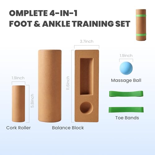 4-in-1 Cork Balance Board for Foot & Ankle Strength – Dual Half-Cylinder Trainer with Roller & Massage Ball – Non-Slip Natural Cork Stability Board for Mobility, Balance & Home Rehab Exercises