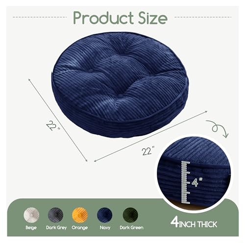 HIGOGOGO Floor Pillow Cushion for Adults, Meditation Cushion Pillow, Large Round Floor Sitting, Tufted Corduroy Cover, for Tatami Living Room or Yoga, 22x22 Inch, Navy - color: Round Navy, size: 4" Thick(Pack of 1)