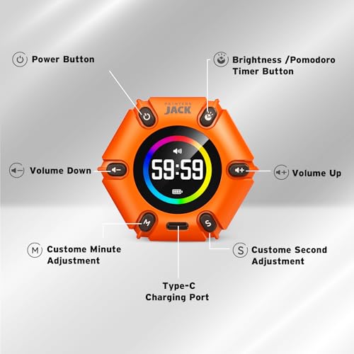 Pomodoro Timer 3/5/10/25/30/60min Preset, Mute & Vibration & Sound Alarm - color: Orange