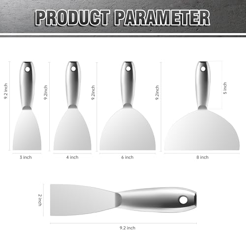 Fishark Putty Knife Set, 2" 3" 4" 6" 8" All-Stainless Steel Scraper, 5Pcs | Spackle Knife, Flexible Blade, Easy Clean, for Drywall Repair, Removing Wallpaper, Mud, Applying Plaster & DIY projects - color: 2" 3" 4" 6" 8"